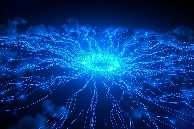 "A sprawling, neon-lit neural network sprawls across a dark, gradient sky with electric blue and cyan circuit patterns converging in a vortex, surrounded by tendrils of code and swirling data clouds."
