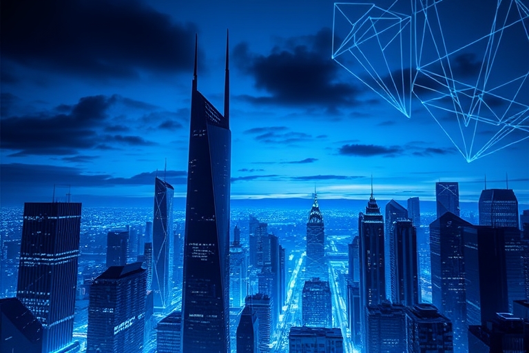 "A futuristic cityscape at dusk, with sleek skyscrapers and neon-lit circuit patterns illuminating the dark blue sky. Electric blue and cyan hues dominate, with abstract neural networks of glowing wir