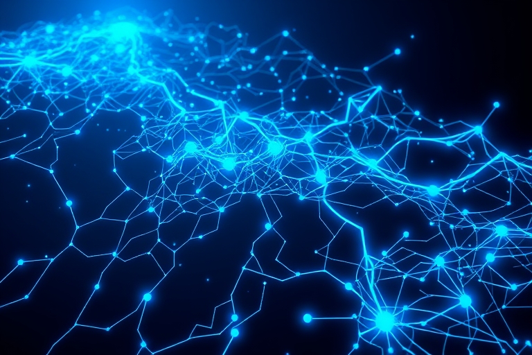 "A futuristic neural network sprawls across a dark, electric blue background, pulsing with cyan circuit patterns. Synapses and nodes pulse with rhythmic intensity amidst a maze of interconnected abstr