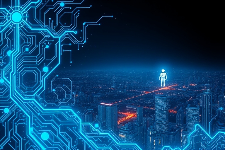 "Electric blue and cyan circuit patterns engulf a dark background, with abstract neural networks morphing into a stylized cityscape, contrasted with a lone, glowing robot in the distance, surrounded b