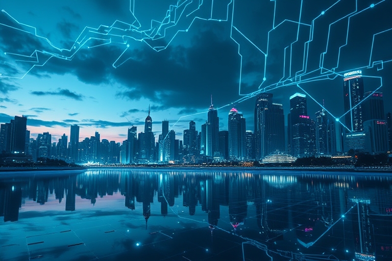 "A futuristic cityscape at dusk, with skyscrapers and neon lights reflected in a dark, electric blue lake. Electric cyan circuit patterns swirl through the atmosphere, morphing into abstract neural ne