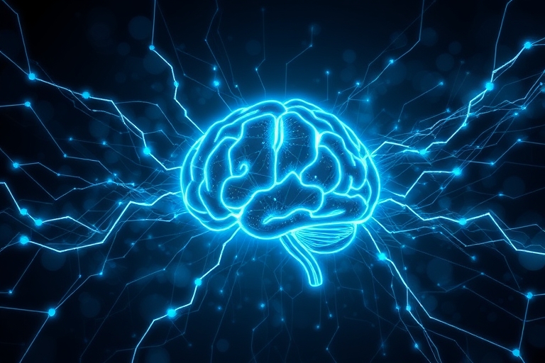 "A futuristic neural network sprawls across a dark, electric blue background, with pulsing cyan circuitry and abstract lines morphing into a stylized, glowing brain-like structure, surrounded by swirl