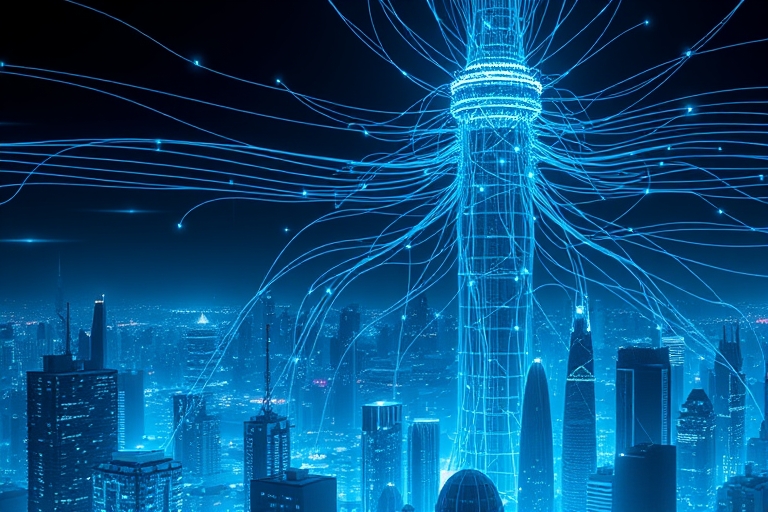 "A futuristic cityscape with electric blue and cyan circuit patterns radiating from a towering neural network structure, set against a dark background, with abstract glowing lines and fractals."