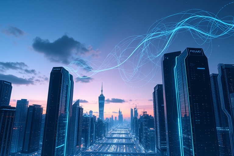 "A futuristic cityscape at dusk with electric blue and cyan skyscrapers, circuit patterns glowing on dark facades, abstract neural networks swirling in the sky, with a massive exponential growth curve