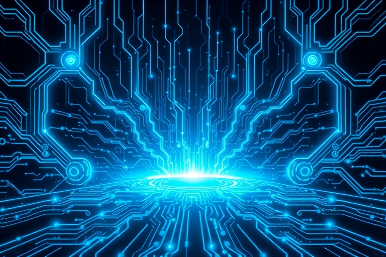 "Electric blue and cyan circuit patterns radiate from a stylized neural network emanating towards a dark background, surrounded by abstract energy waves, futuristic robots and machines, symbolizing AI