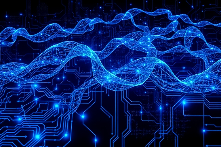 "A futuristic abstract neural network sprawls across a dark background, electric blue and cyan circuit patterns pulsating with neon light, morphing into swirling clouds of code amidst a maze of glowin