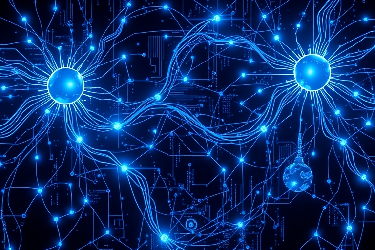 "Electric blue and cyan circuit patterns on a dark background, swirling abstract neural networks, with glowing blue data streams and pulsing cyan nodes, surrounded by futuristic sports equipment and s