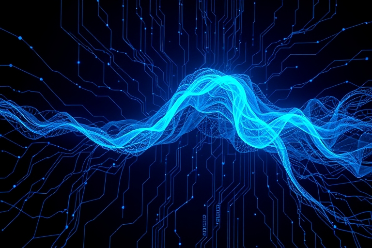 "An abstract neural network sprawls across a dark, electric blue background, its circuitry morphing into a stylized, glowing wave. Cyan tendrils of code spiral outward, threatening to engulf a massive