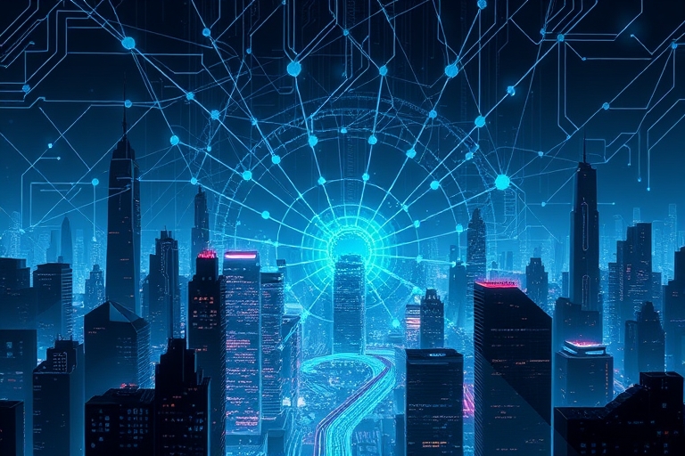 "A futuristic cityscape with a neon electric blue glow, dark skyscrapers, and circuit patterns etched into the buildings, with abstract neural networks radiating from a central hub, set against a deep