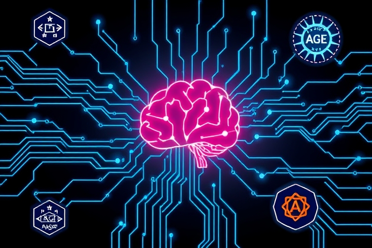 "Electric blue and cyan circuit patterns swirl around a stylized, glowing neural network on a dark background, surrounded by abstract representations of age rating symbols and badges"