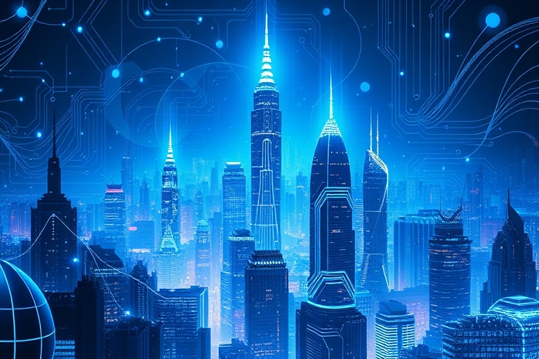 "A futuristic cityscape with neon electric blue and cyan circuit patterns illuminating towering skyscrapers, amidst swirling abstract neural networks and holographic data streams, set against a dark, 