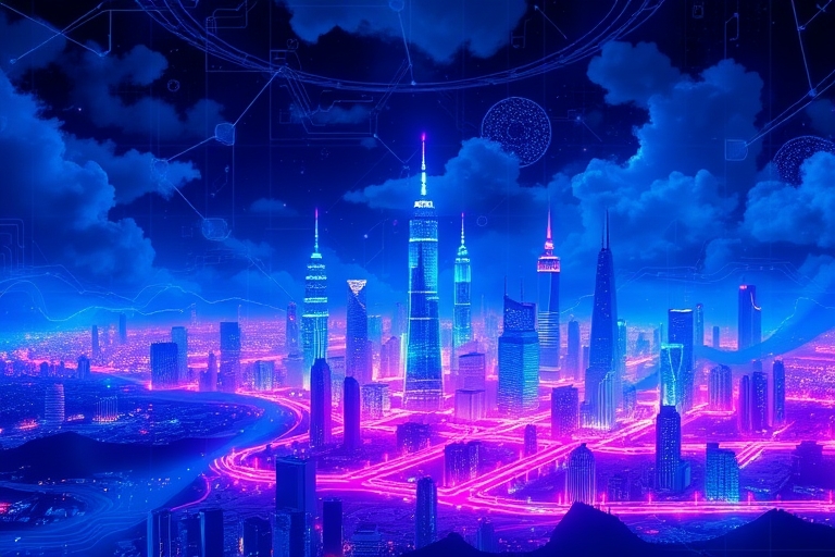 "Vibrant electric blue and cyan neon circuit patterns illuminate an abstract neural network landscape, morphing into a futuristic cityscape with towering skyscrapers, amidst swirling clouds of circuit
