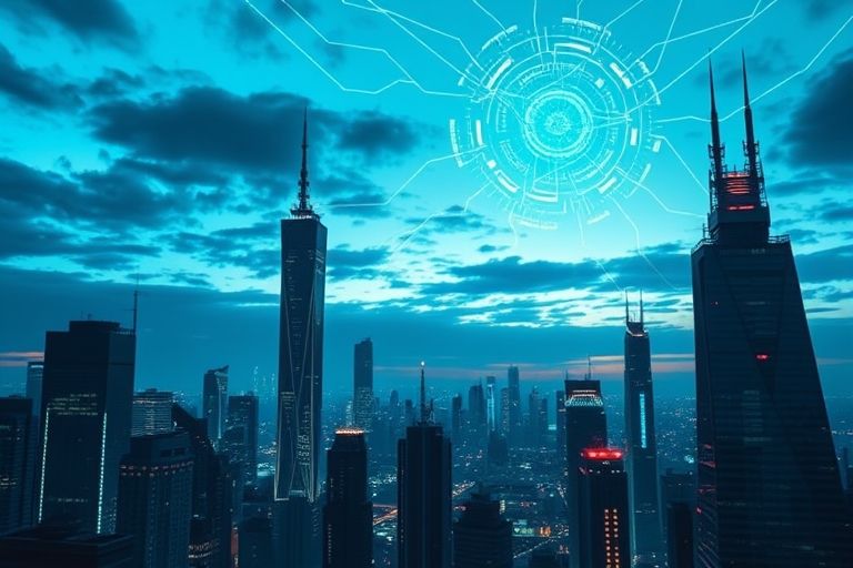 "A futuristic cityscape at dusk with towering skyscrapers and neon-lit circuit patterns. Electric blue and cyan hues dominate the sky, with abstract neural networks swirling in the clouds. A glowing, 