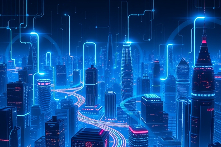 "A futuristic cityscape with neon electric blue and cyan circuit patterns illuminating a dark background, overlaid with abstract neural networks, amidst a maze of glowing virtual sound waves and pulsi