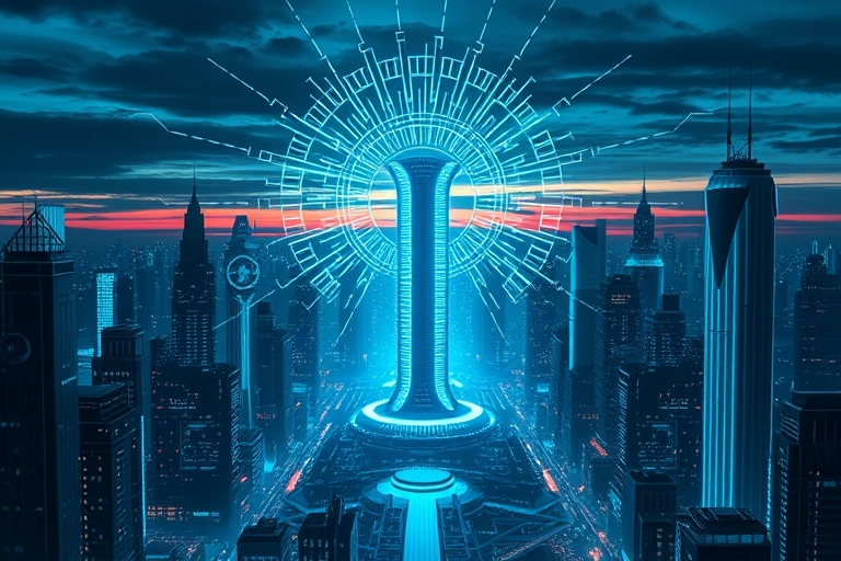 "A futuristic cityscape at dusk with electric blue and cyan accents, set against a dark background. Circuit patterns and abstract neural networks radiate from a glowing, cylindrical core, surrounded b