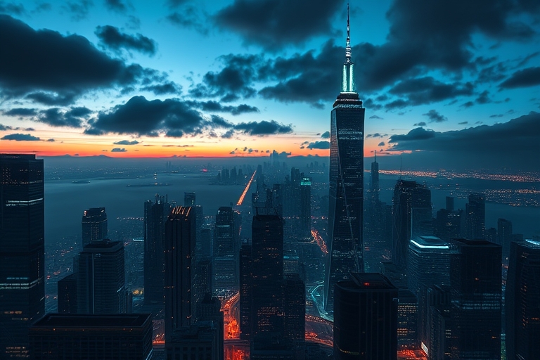 "A futuristic cityscape at dusk with skyscrapers made of circuit boards and wires, electric blue and cyan neon lights reflecting off dark, misty clouds, with abstract neural network patterns glowing i