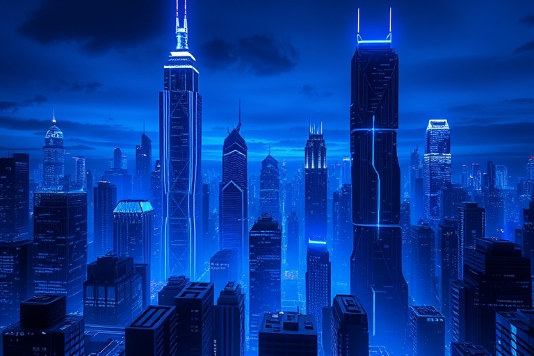 "A futuristic cityscape at dusk, with towering skyscrapers made of circuit boards and wires, set against a dark blue background. Electric blue and cyan neon lights illuminate the city, with abstract n
