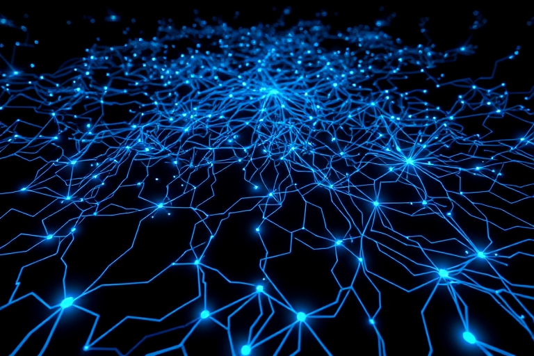 "Electric blue and cyan circuit patterns emanate from a sprawling abstract neural network on a dark background, with glowing blue lines and nodes"
