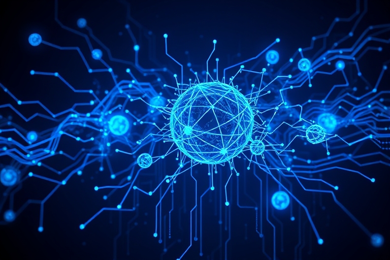 "Electric blue and cyan circuit patterns swirl around a futuristic abstract neural network, with glowing blue lines and nodes pulsing with energy against a dark background, surrounded by subtle digita