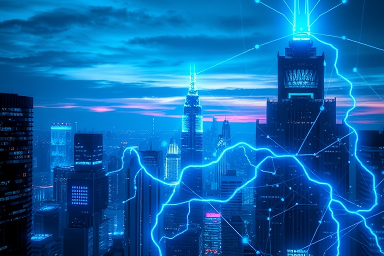 "A futuristic cityscape at dusk, with electric blue and cyan neon lights reflecting off a dark, circuit-patterned skyscraper backdrop. Abstract neural networks morph into glowing, ethereal tendrils th