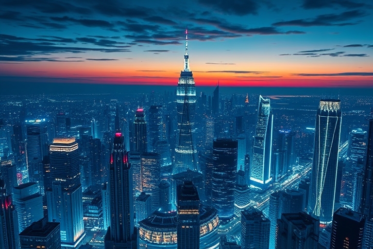 "A sprawling metropolis of glowing circuitry and neon-lit skyscrapers at dusk, with a sprawling abstract neural network radiating from the city center, electric blue and cyan hues illuminating the dar