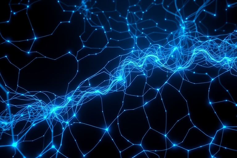 "An abstract neural network landscape with electric blue and cyan circuit patterns unfolding across a dark background, intersecting with glowing, swirling shapes that evoke the convergence of human an