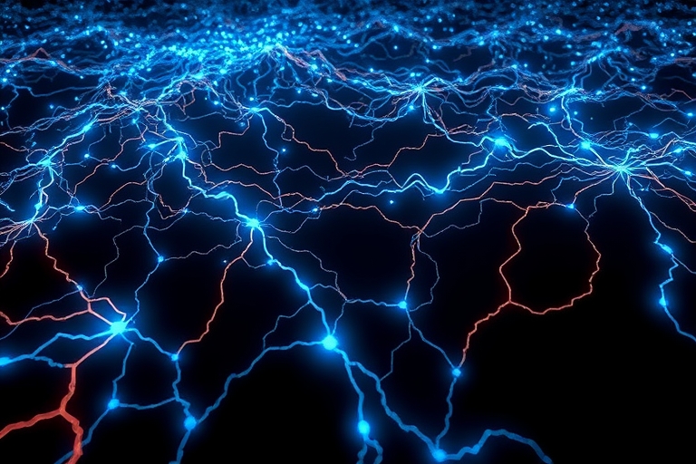 "An electric blue neural network sprawls across a dark background, pulsing with vibrant cyan circuit patterns as tendrils of code weave through a futuristic, abstract landscape of copper wiring and gl