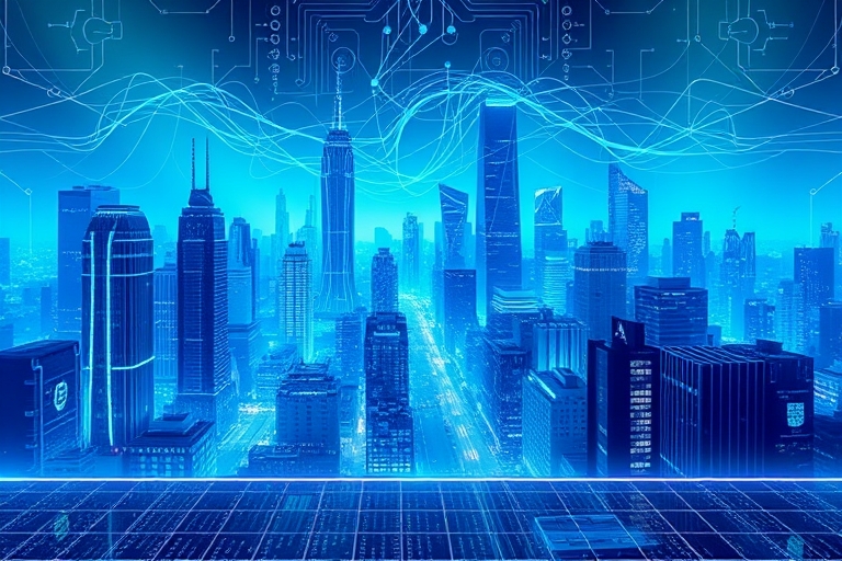 "Generate a futuristic cityscape with electric blue and cyan circuits covering skyscrapers and streets, abstract neural networks swirling in the sky, and a subtle grid of code pulsing in the foregroun