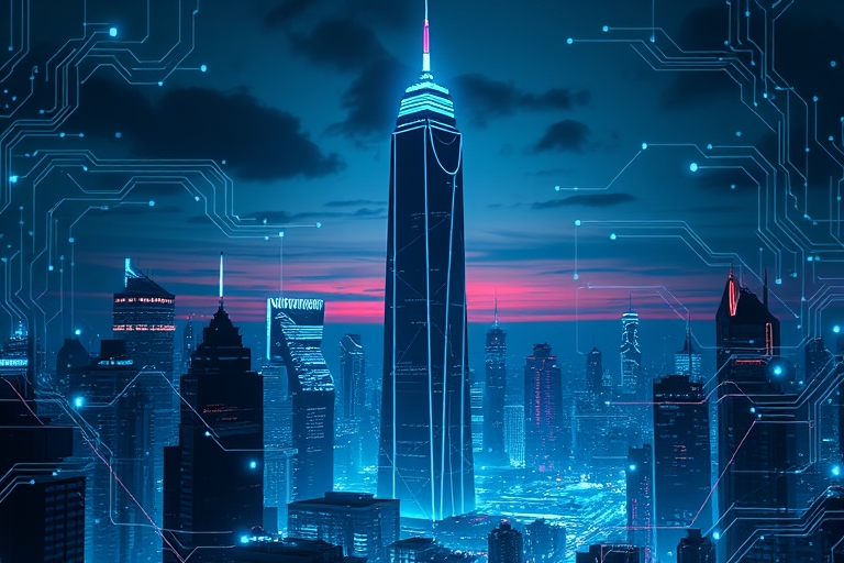 "A futuristic cityscape at dusk with electric blue and cyan neon lights reflecting off a dark, metallic skyscraper, surrounded by abstract neural network patterns and circuitry, with glowing AI code s