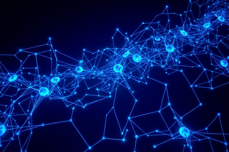 "A futuristic neural network sprawls across a dark blue background, electric blue and cyan circuitry pulsing with energy. Abstract nodes and wires weave together in a complex, swirling pattern, resemb