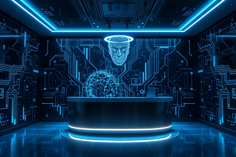 "A futuristic reception area with an ethereal AI assistant hovering above a sleek, metallic desk, surrounded by electric blue and cyan circuit patterns and abstract neural networks on a dark backgroun