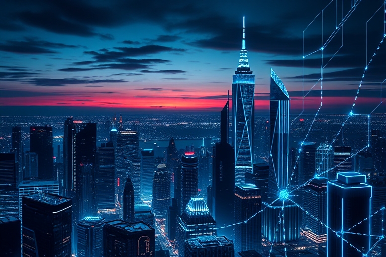 "A futuristic cityscape at dusk with electric blue and cyan skyscrapers and neon circuit patterns illuminating the dark background, amidst abstract neural networks and glowing blue tendrils of code sp