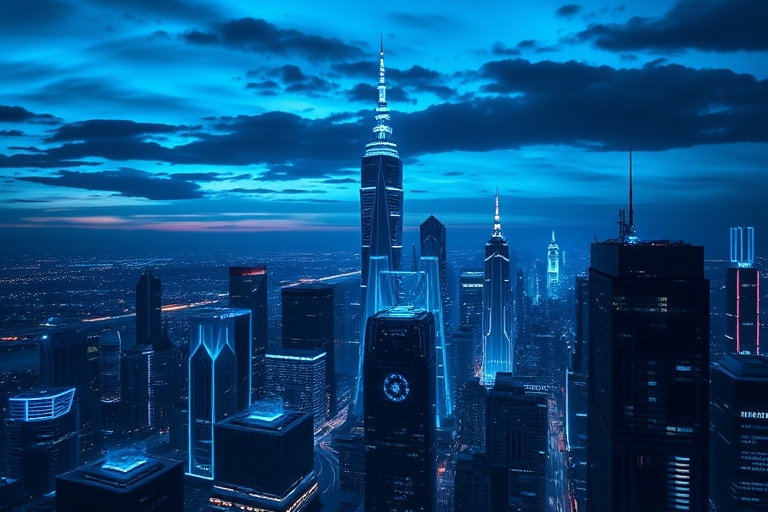 "A futuristic cityscape at dusk, with towering skyscrapers and neon-lit circuit patterns dominating the landscape. Electric blue and cyan hues dance across the dark background, with abstract neural ne