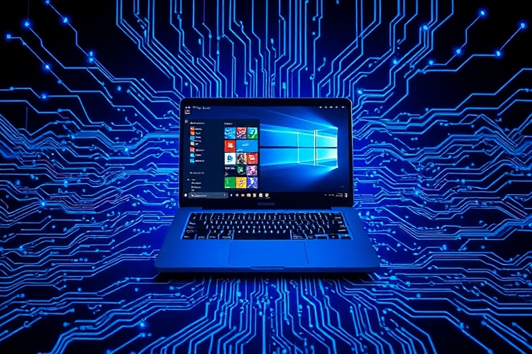 "Electric blue and cyan neon circuitry sprawls across a dark background, with abstract neural networks and microchips visible beneath a MacBook screen displaying a Windows interface, amidst a mesmeriz