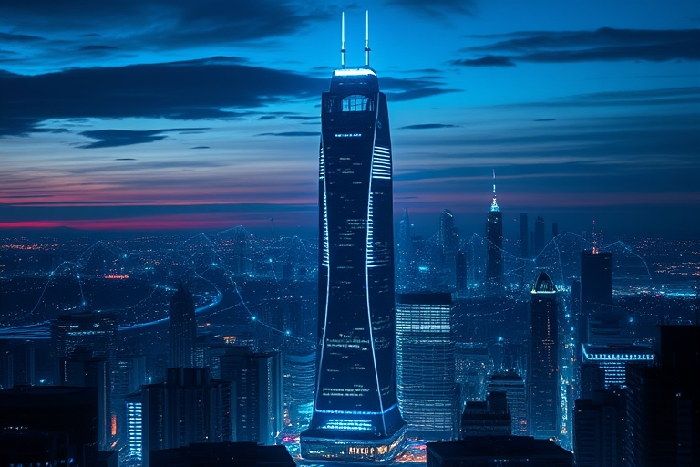 "A futuristic cityscape at dusk with electric blue and cyan circuit patterns illuminating a dark, neon-lit skyscraper, surrounded by abstract neural network tendrils, with a faint AI-generated hologra