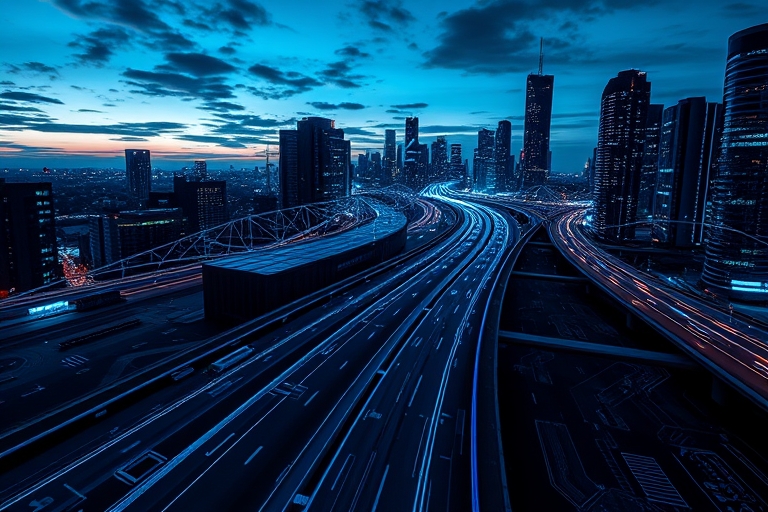 "A futuristic cityscape at dusk with electric blue neon lights reflecting off a dark, abstract circuit board patterned highway, as a massive neural network graph grows from the city's core, pulsing wi
