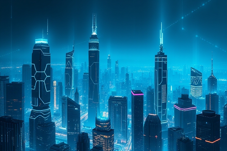 "A futuristic cityscape with dark skyscrapers and neon electric blue and cyan circuits overlaying the architecture, abstract neural network patterns emanating from buildings, and a vast, glowing blue 