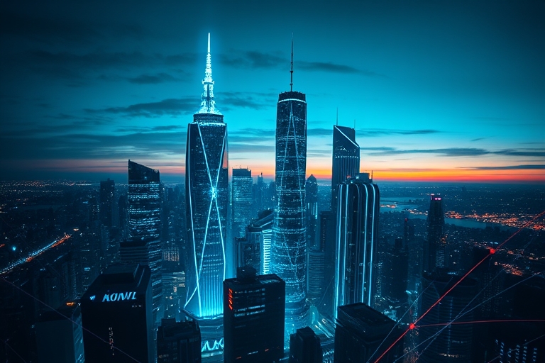 "A futuristic cityscape at dusk with electric blue and cyan circuit patterns overlaid on sleek skyscrapers, surrounded by abstract neural network tendrils, with a dark gradient background and a faint 