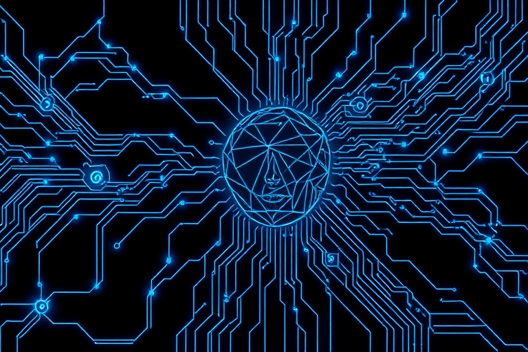 "A futuristic neural network sprawls across a dark background, electric blue and cyan circuitry pulsing with rhythmic intensity, abstract shapes morphing into emotive abstract faces, surrounded by int