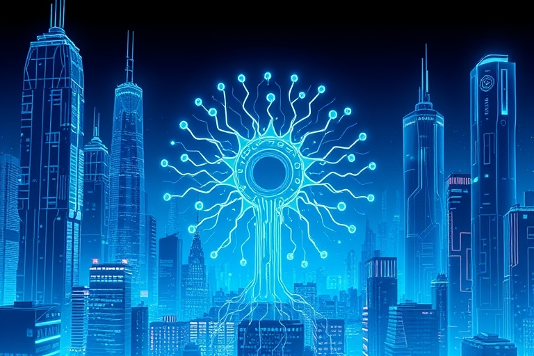 "A futuristic, electric blue and cyan cityscape with towering skyscrapers and neon-lit circuit patterns, set against a dark background. In the center, a stylized neural network unfolds like a blooming