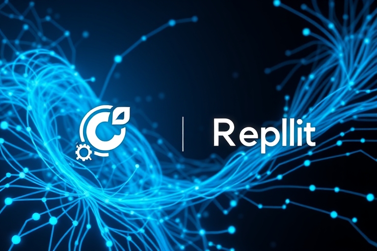 "Futuristic neural network landscape with electric blue and cyan circuit patterns on a dark background, abstract nodes and wires form a swirling vortex, with Cursor and Replit Agent logos intertwined 