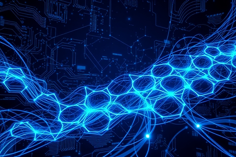 "A futuristic digital landscape of swirling electric blue and cyan circuit patterns, with abstract neural networks and glowing nodes, set against a dark background, surrounded by pulsing data streams 