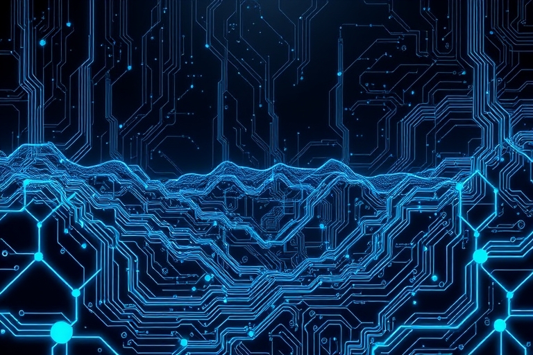 "A futuristic circuit board landscape with glowing electric blue and cyan wires, abstract neural networks, and intricate patterns, set against a deep dark background, with a stylized binary code scrol