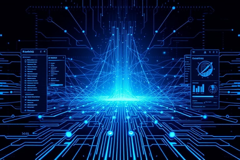 "A futuristic SaaS dashboard with electric blue and cyan circuit patterns on a dark background, an abstract neural network rising from the center, with glowing nodes and lines forming a grid, surround