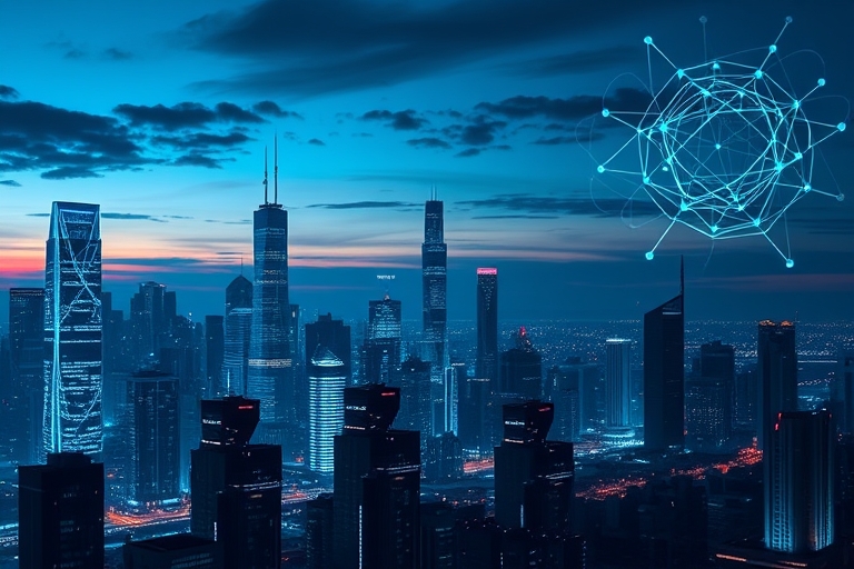 A futuristic cityscape at dusk, illuminated by neon electric blue and cyan circuit patterns embedded in the city's skyscrapers, with abstract neural networks swirling in the sky, and a dark cityscape 