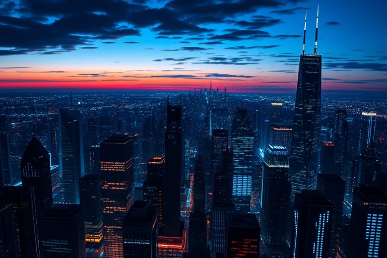 "A futuristic digital cityscape at dusk, with electric blue and cyan circuit patterns illuminating the dark background, abstract neural networks swirling in the foreground, and towering skyscrapers ma