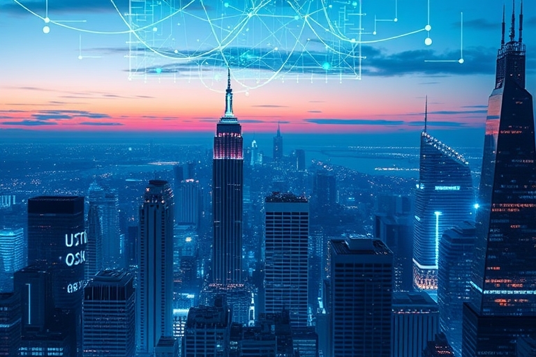"A futuristic cityscape at dusk with electric blue and cyan circuit patterns overlaying skyscrapers, an abstract neural network interface floating above, surrounded by glowing lines and pulsing orbs i