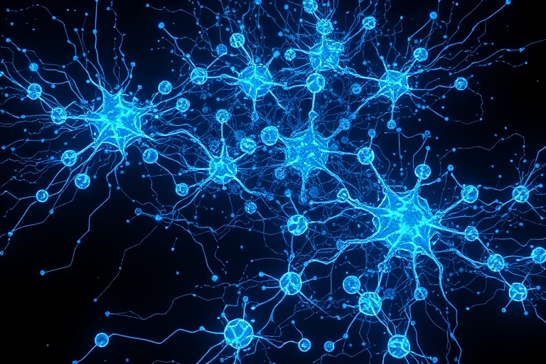 "Electric blue and cyan circuitry sprawls across a dark background, with abstract neural networks unfolding like blooming flowers, surrounded by glowing, swirling patterns and glitches."