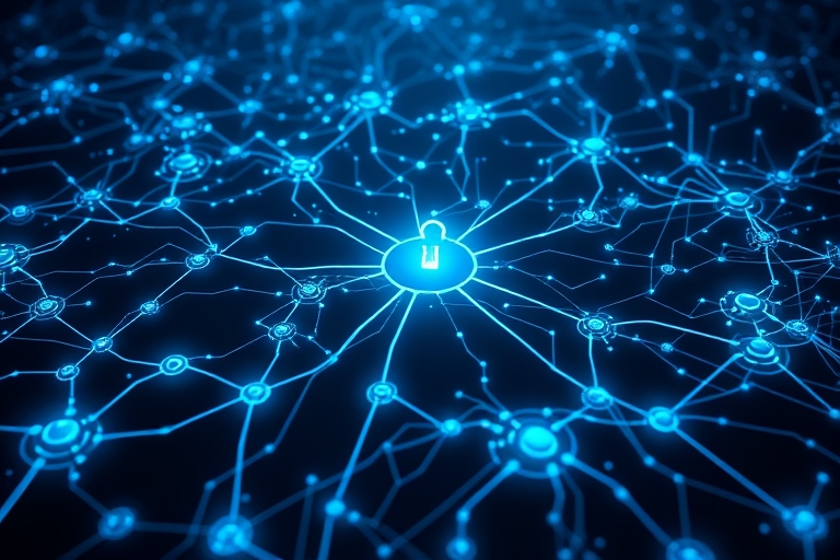 "A futuristic neural network sprawls across a dark, gradient blue background, with electric blue and cyan circuit patterns weaving through abstract, glowing nodes, a lone exposed admin key glowing lik