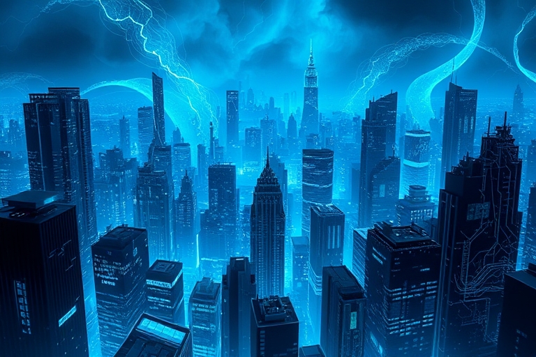 "Electrifying neural networks sprawl across a dark, cyberpunk cityscape, with glowing electric blue and cyan circuitry pulsating through towering skyscrapers, amidst swirling abstract patterns and glo